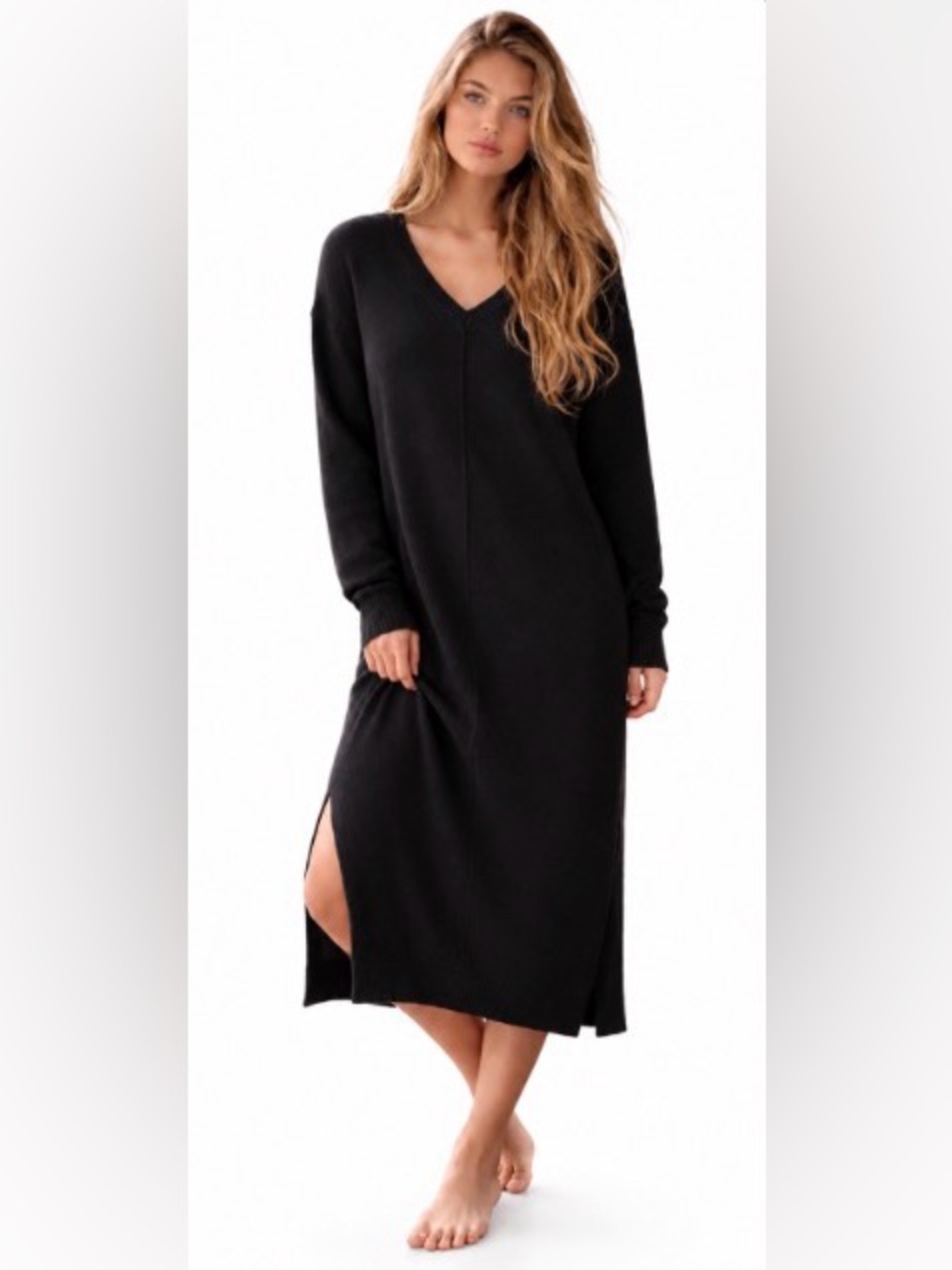 Madison Black V-Neck Maxi Sweater Dress - Size XS